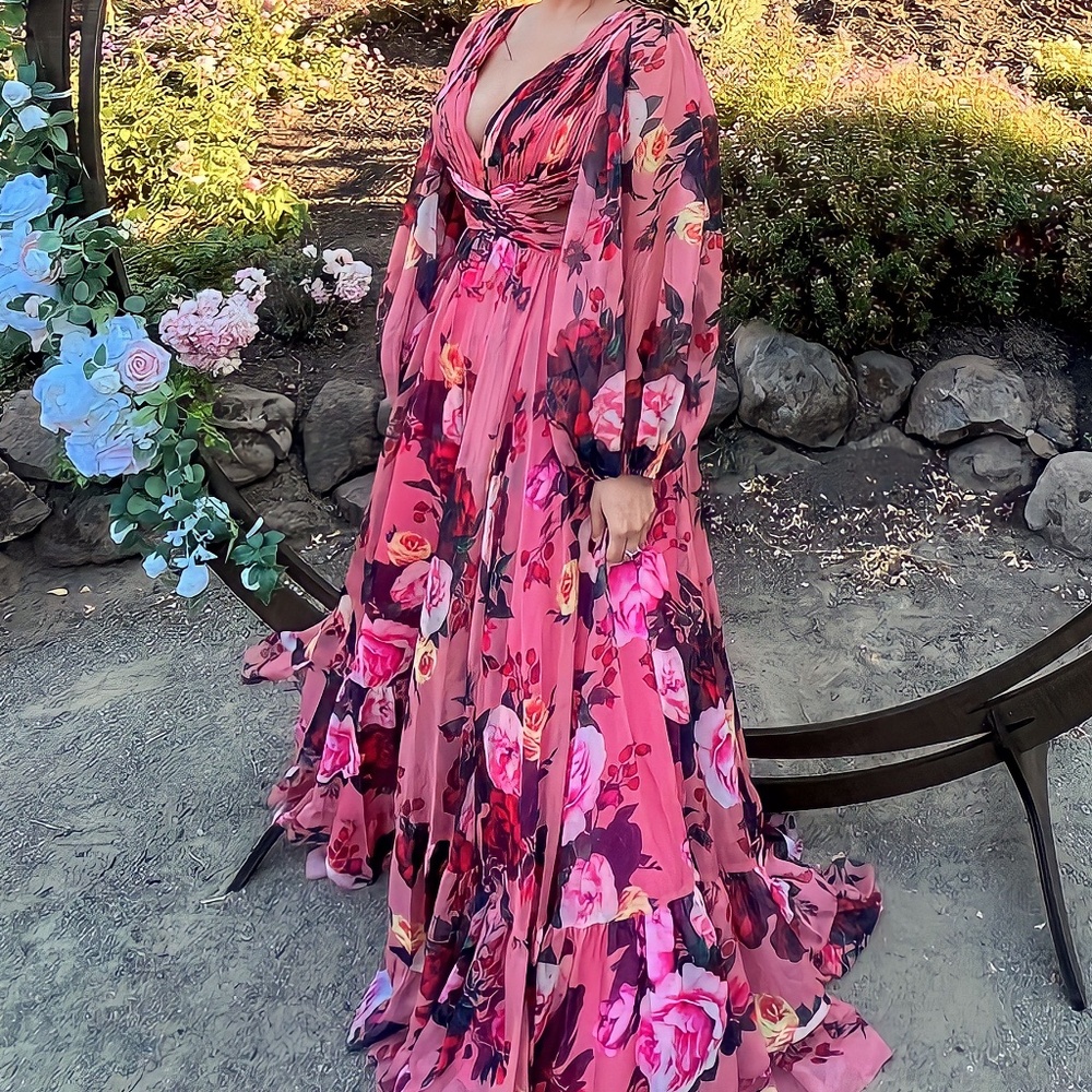 Mac Duggal Ieena Floral Chiffon Gown